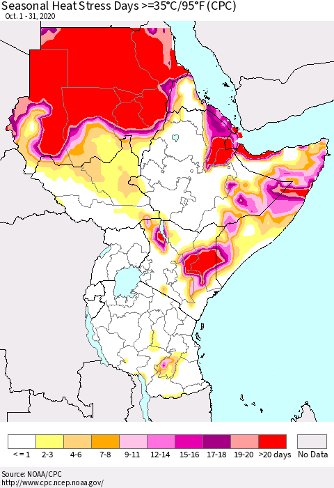 Eastern Africa Seasonal Heat Stress Days >=35°C/95°F (CPC) Thematic Map For 10/1/2020 - 10/31/2020