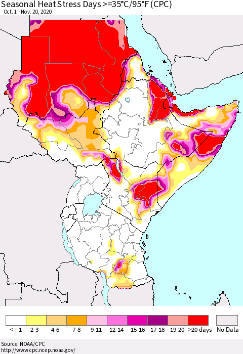 Eastern Africa Seasonal Heat Stress Days >=35°C/95°F (CPC) Thematic Map For 10/1/2020 - 11/20/2020