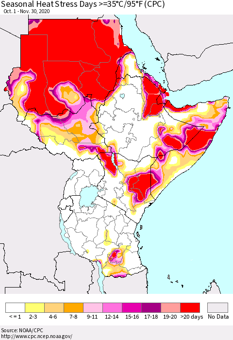 Eastern Africa Seasonal Heat Stress Days >=35°C/95°F (CPC) Thematic Map For 10/1/2020 - 11/30/2020