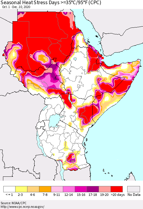 Eastern Africa Seasonal Heat Stress Days >=35°C/95°F (CPC) Thematic Map For 10/1/2020 - 12/10/2020