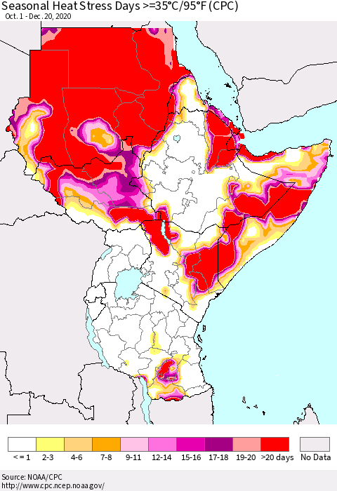 Eastern Africa Seasonal Heat Stress Days >=35°C/95°F (CPC) Thematic Map For 10/1/2020 - 12/20/2020