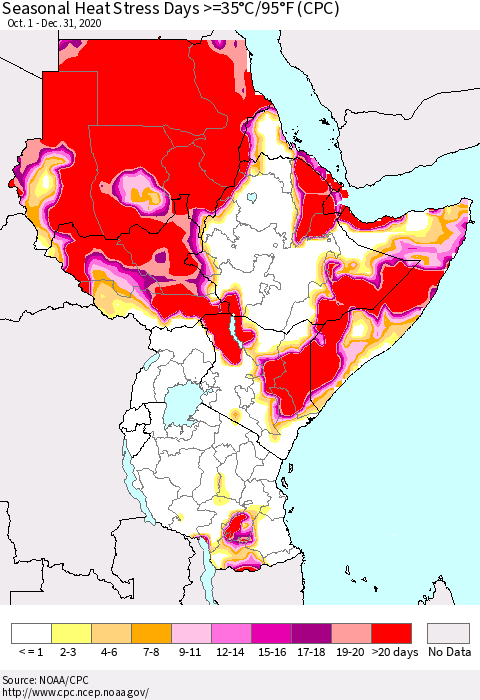 Eastern Africa Seasonal Heat Stress Days >=35°C/95°F (CPC) Thematic Map For 10/1/2020 - 12/31/2020