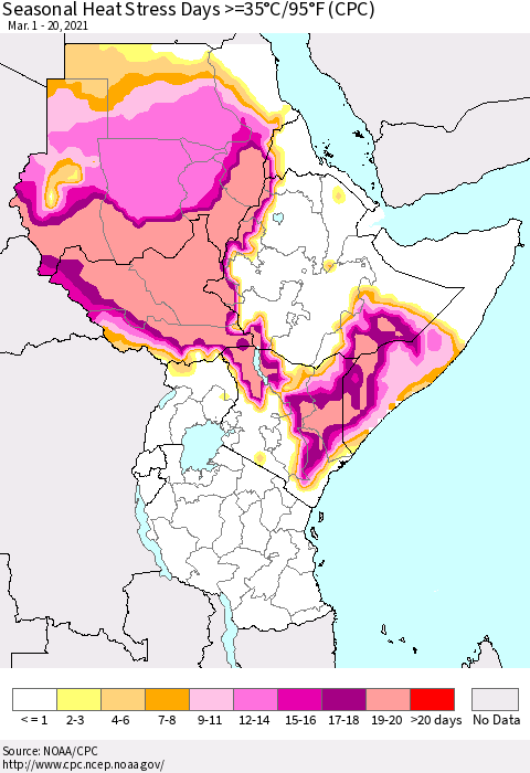 Eastern Africa Seasonal Heat Stress Days >=35°C/95°F (CPC) Thematic Map For 3/1/2021 - 3/20/2021