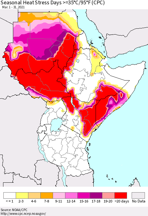Eastern Africa Seasonal Heat Stress Days >=35°C/95°F (CPC) Thematic Map For 3/1/2021 - 3/31/2021