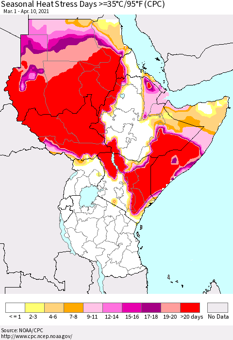 Eastern Africa Seasonal Heat Stress Days >=35°C/95°F (CPC) Thematic Map For 3/1/2021 - 4/10/2021