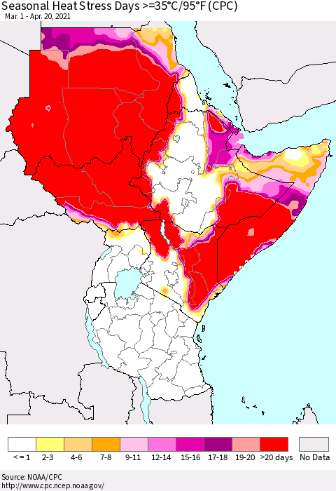 Eastern Africa Seasonal Heat Stress Days >=35°C/95°F (CPC) Thematic Map For 3/1/2021 - 4/20/2021