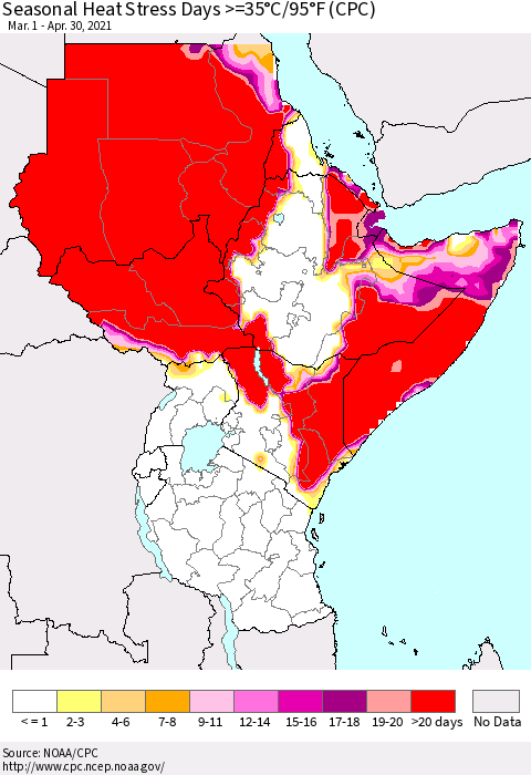 Eastern Africa Seasonal Heat Stress Days >=35°C/95°F (CPC) Thematic Map For 3/1/2021 - 4/30/2021