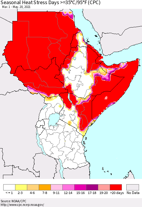 Eastern Africa Seasonal Heat Stress Days >=35°C/95°F (CPC) Thematic Map For 3/1/2021 - 5/20/2021