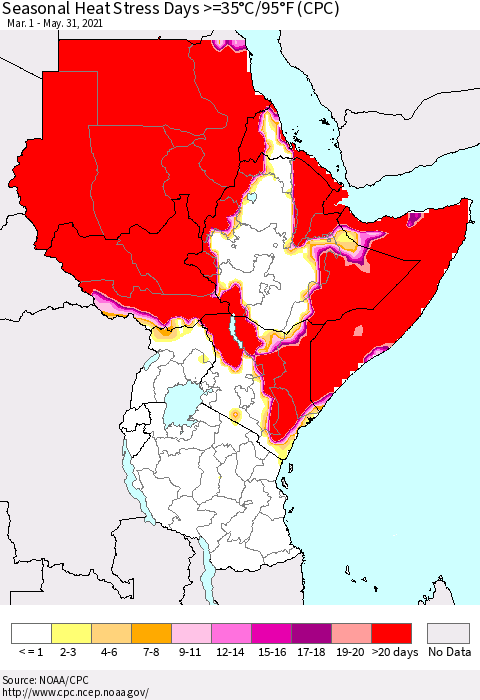 Eastern Africa Seasonal Heat Stress Days >=35°C/95°F (CPC) Thematic Map For 3/1/2021 - 5/31/2021