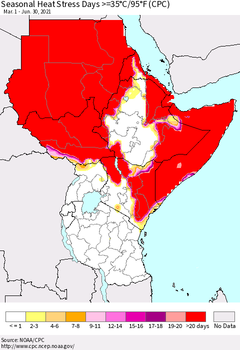 Eastern Africa Seasonal Heat Stress Days >=35°C/95°F (CPC) Thematic Map For 3/1/2021 - 6/30/2021