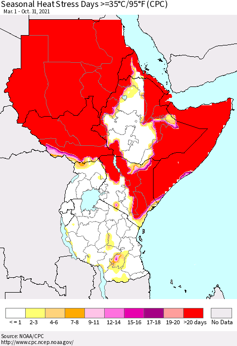 Eastern Africa Seasonal Heat Stress Days >=35°C/95°F (CPC) Thematic Map For 3/1/2021 - 10/31/2021
