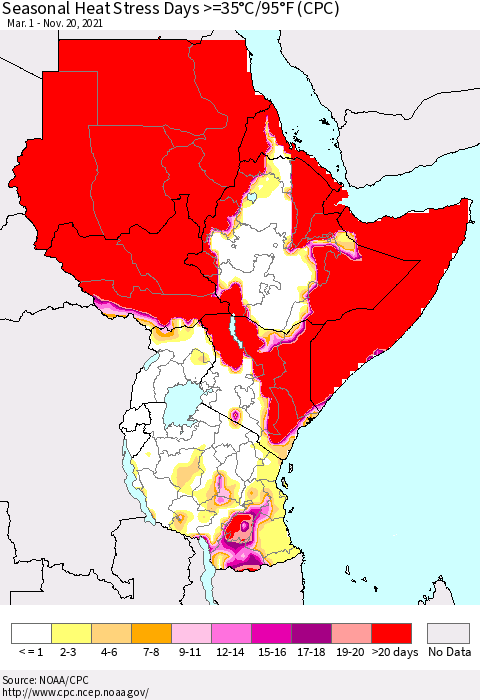 Eastern Africa Seasonal Heat Stress Days >=35°C/95°F (CPC) Thematic Map For 3/1/2021 - 11/20/2021