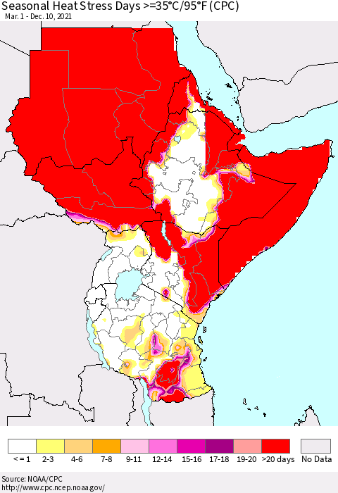 Eastern Africa Seasonal Heat Stress Days >=35°C/95°F (CPC) Thematic Map For 3/1/2021 - 12/10/2021