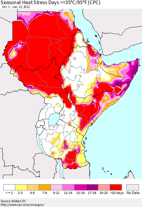 Eastern Africa Seasonal Heat Stress Days >=35°C/95°F (CPC) Thematic Map For 10/1/2021 - 1/10/2022