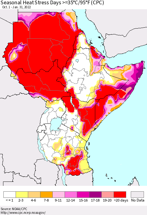 Eastern Africa Seasonal Heat Stress Days >=35°C/95°F (CPC) Thematic Map For 10/1/2021 - 1/31/2022