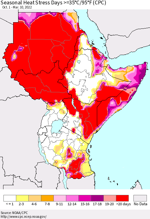 Eastern Africa Seasonal Heat Stress Days >=35°C/95°F (CPC) Thematic Map For 10/1/2021 - 3/10/2022