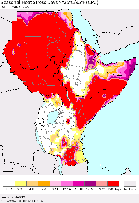 Eastern Africa Seasonal Heat Stress Days >=35°C/95°F (CPC) Thematic Map For 10/1/2021 - 3/31/2022