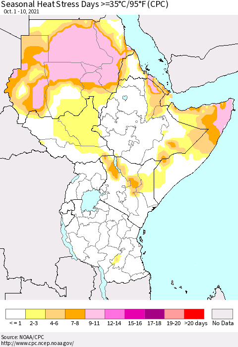 Eastern Africa Seasonal Heat Stress Days >=35°C/95°F (CPC) Thematic Map For 10/1/2021 - 10/10/2021