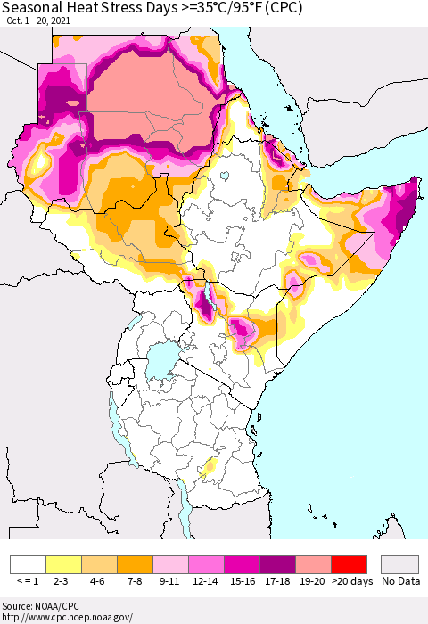 Eastern Africa Seasonal Heat Stress Days >=35°C/95°F (CPC) Thematic Map For 10/1/2021 - 10/20/2021