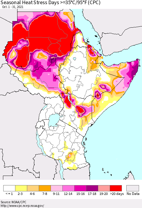 Eastern Africa Seasonal Heat Stress Days >=35°C/95°F (CPC) Thematic Map For 10/1/2021 - 10/31/2021