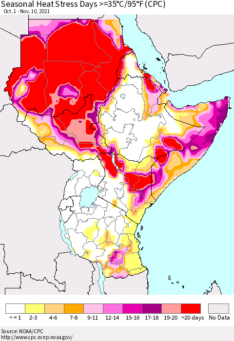 Eastern Africa Seasonal Heat Stress Days >=35°C/95°F (CPC) Thematic Map For 10/1/2021 - 11/10/2021