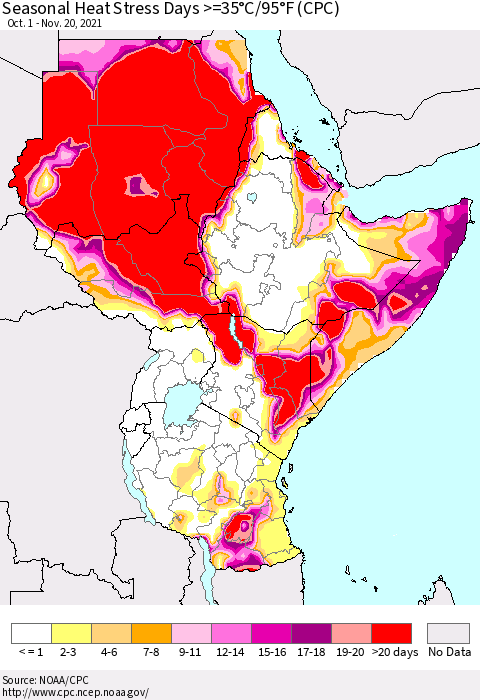 Eastern Africa Seasonal Heat Stress Days >=35°C/95°F (CPC) Thematic Map For 10/1/2021 - 11/20/2021
