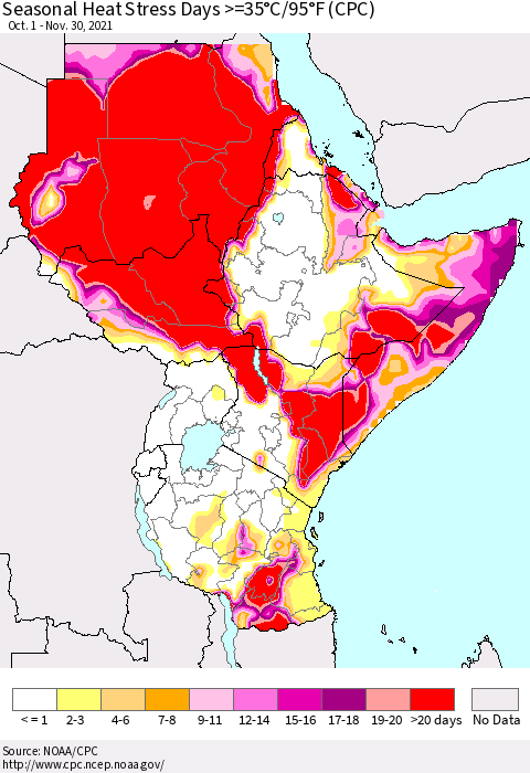 Eastern Africa Seasonal Heat Stress Days >=35°C/95°F (CPC) Thematic Map For 10/1/2021 - 11/30/2021