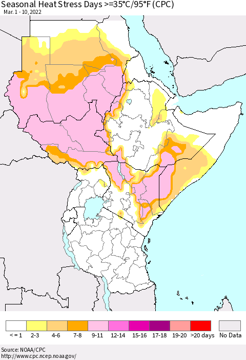 Eastern Africa Seasonal Heat Stress Days >=35°C/95°F (CPC) Thematic Map For 3/1/2022 - 3/10/2022