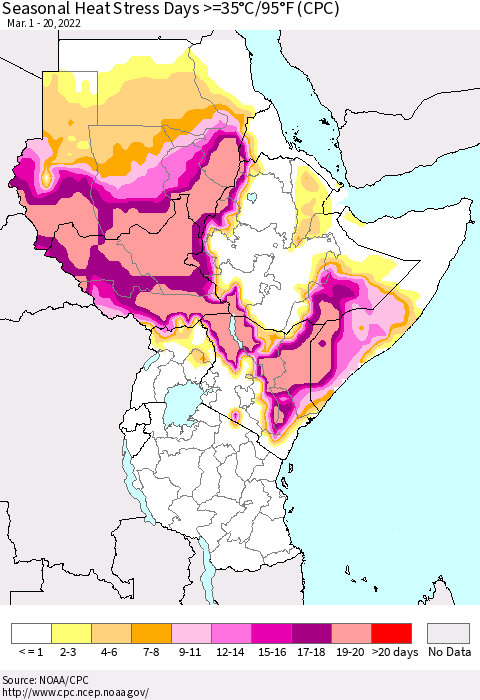 Eastern Africa Seasonal Heat Stress Days >=35°C/95°F (CPC) Thematic Map For 3/1/2022 - 3/20/2022