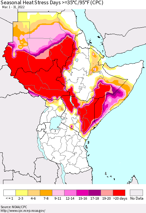 Eastern Africa Seasonal Heat Stress Days >=35°C/95°F (CPC) Thematic Map For 3/1/2022 - 3/31/2022