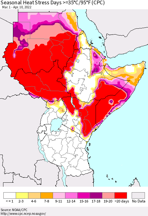 Eastern Africa Seasonal Heat Stress Days >=35°C/95°F (CPC) Thematic Map For 3/1/2022 - 4/10/2022