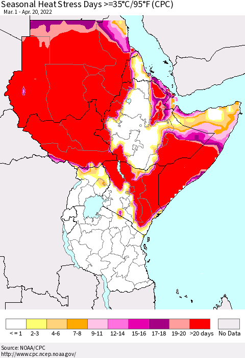 Eastern Africa Seasonal Heat Stress Days >=35°C/95°F (CPC) Thematic Map For 3/1/2022 - 4/20/2022