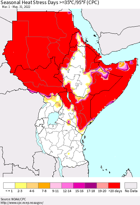 Eastern Africa Seasonal Heat Stress Days >=35°C/95°F (CPC) Thematic Map For 3/1/2022 - 5/31/2022