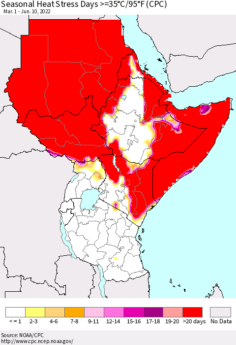 Eastern Africa Seasonal Heat Stress Days >=35°C/95°F (CPC) Thematic Map For 3/1/2022 - 6/10/2022