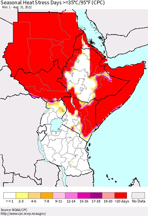 Eastern Africa Seasonal Heat Stress Days >=35°C/95°F (CPC) Thematic Map For 3/1/2022 - 8/31/2022