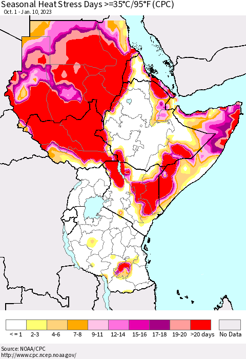 Eastern Africa Seasonal Heat Stress Days >=35°C/95°F (CPC) Thematic Map For 10/1/2022 - 1/10/2023