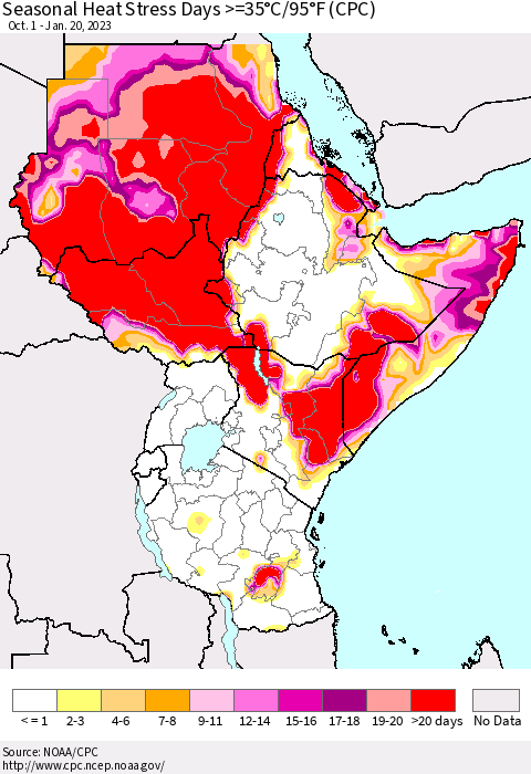 Eastern Africa Seasonal Heat Stress Days >=35°C/95°F (CPC) Thematic Map For 10/1/2022 - 1/20/2023