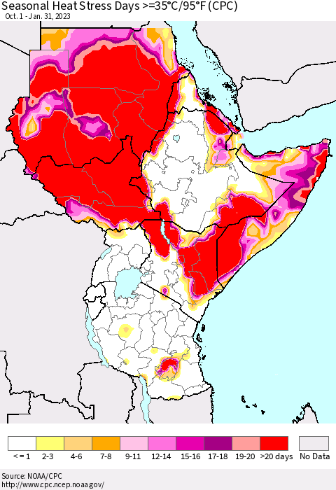 Eastern Africa Seasonal Heat Stress Days >=35°C/95°F (CPC) Thematic Map For 10/1/2022 - 1/31/2023