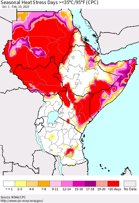 Eastern Africa Seasonal Heat Stress Days >=35°C/95°F (CPC) Thematic Map For 10/1/2022 - 2/10/2023