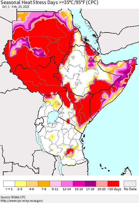 Eastern Africa Seasonal Heat Stress Days >=35°C/95°F (CPC) Thematic Map For 10/1/2022 - 2/20/2023