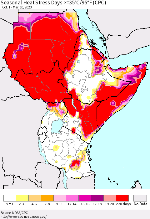 Eastern Africa Seasonal Heat Stress Days >=35°C/95°F (CPC) Thematic Map For 10/1/2022 - 3/10/2023