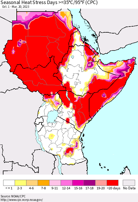 Eastern Africa Seasonal Heat Stress Days >=35°C/95°F (CPC) Thematic Map For 10/1/2022 - 3/20/2023