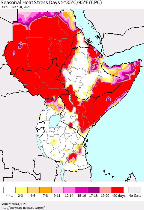 Eastern Africa Seasonal Heat Stress Days >=35°C/95°F (CPC) Thematic Map For 10/1/2022 - 3/31/2023