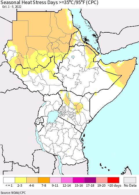 Eastern Africa Seasonal Heat Stress Days >=35°C/95°F (CPC) Thematic Map For 10/1/2022 - 10/5/2022