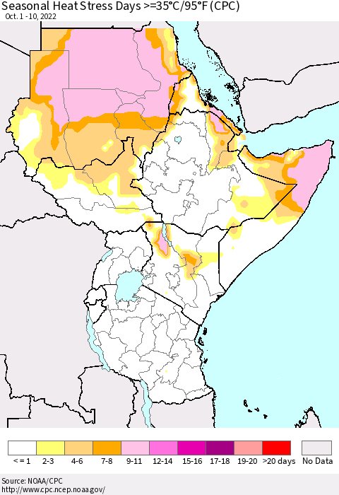 Eastern Africa Seasonal Heat Stress Days >=35°C/95°F (CPC) Thematic Map For 10/1/2022 - 10/10/2022