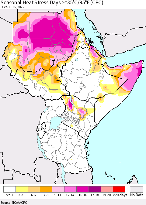 Eastern Africa Seasonal Heat Stress Days >=35°C/95°F (CPC) Thematic Map For 10/1/2022 - 10/15/2022