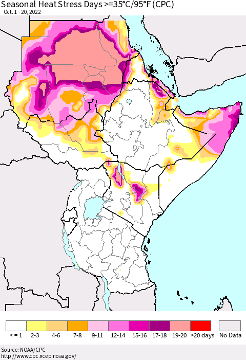 Eastern Africa Seasonal Heat Stress Days >=35°C/95°F (CPC) Thematic Map For 10/1/2022 - 10/20/2022