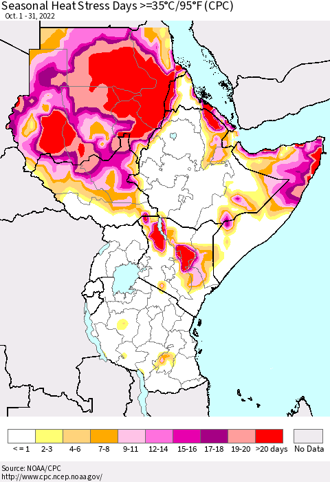 Eastern Africa Seasonal Heat Stress Days >=35°C/95°F (CPC) Thematic Map For 10/1/2022 - 10/31/2022