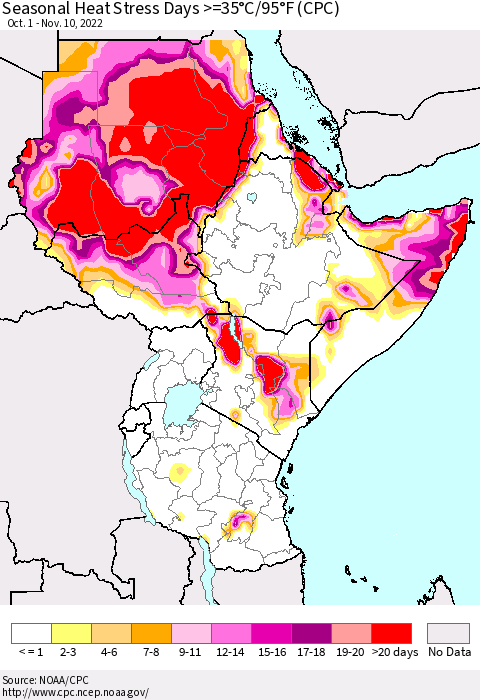Eastern Africa Seasonal Heat Stress Days >=35°C/95°F (CPC) Thematic Map For 10/1/2022 - 11/10/2022