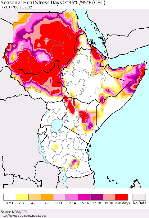 Eastern Africa Seasonal Heat Stress Days >=35°C/95°F (CPC) Thematic Map For 10/1/2022 - 11/20/2022